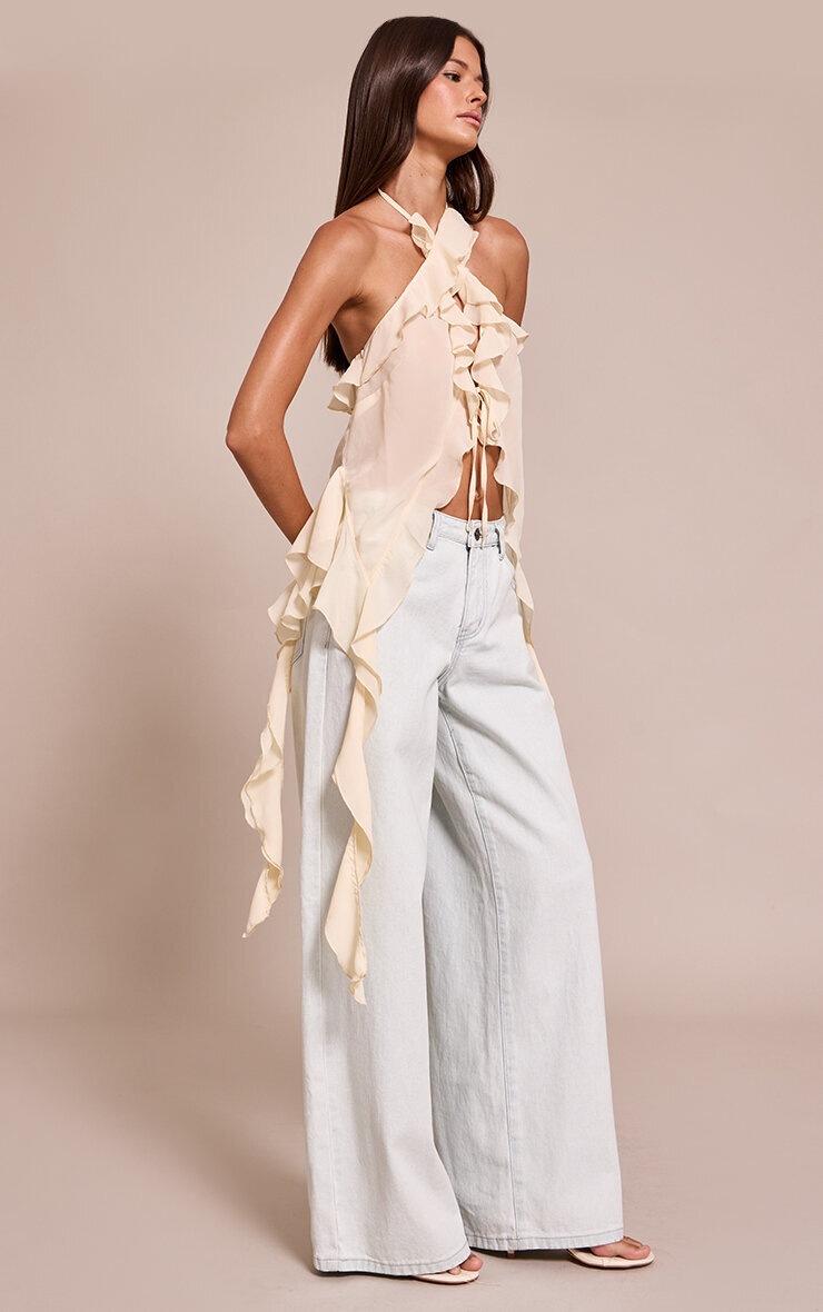Pretty Little Thing Cream Chiffon Ruffle Drape Detail Longline Top