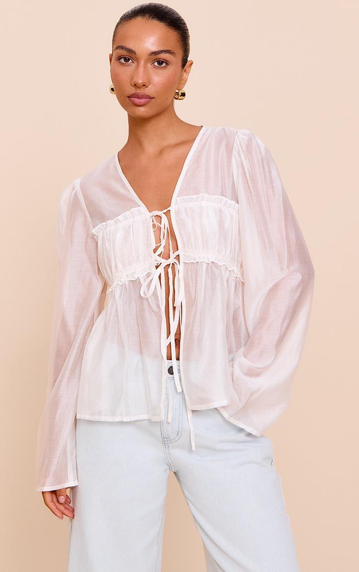 Pretty Little Thing Cream Chiffon Tie Front Ruched Blouse