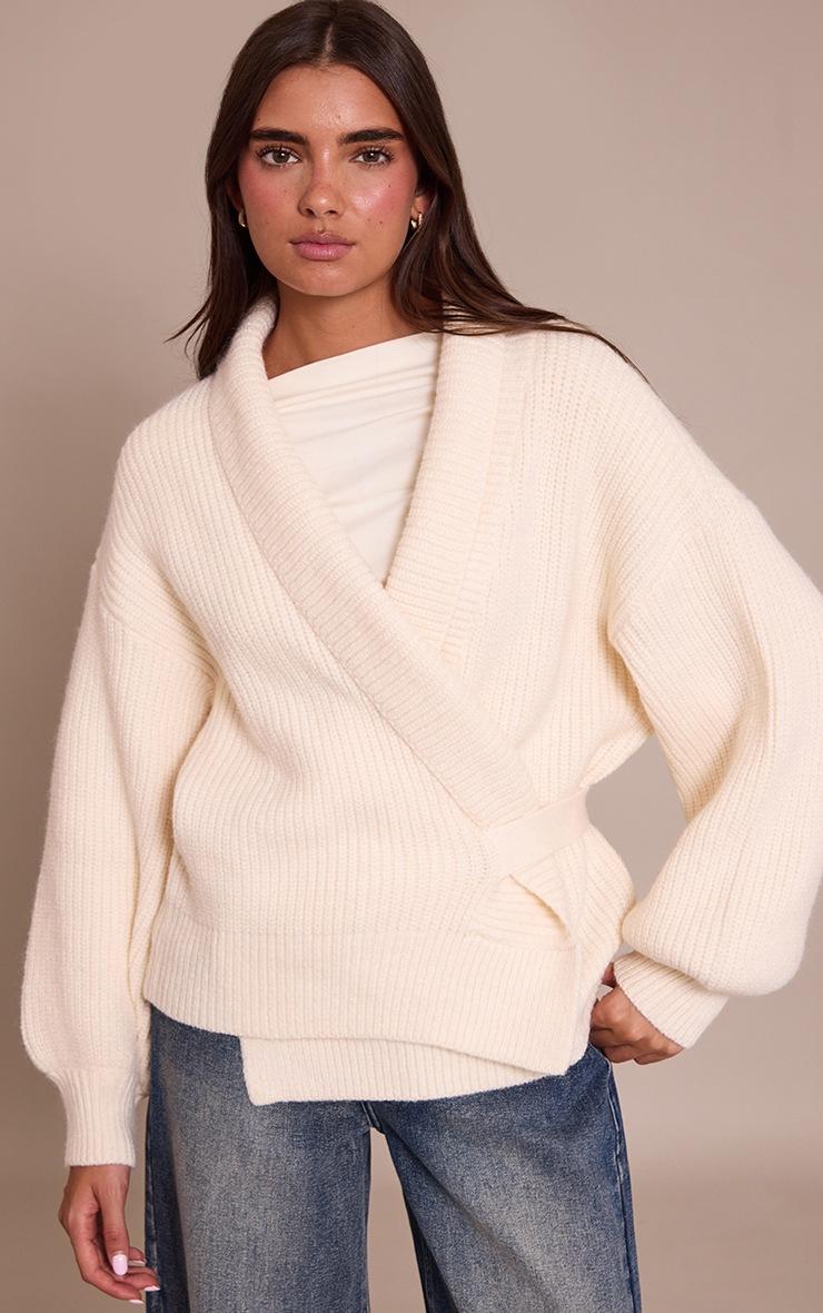 Pretty Little Thing Cream Chunky Knit Rib Wrap Cardigan