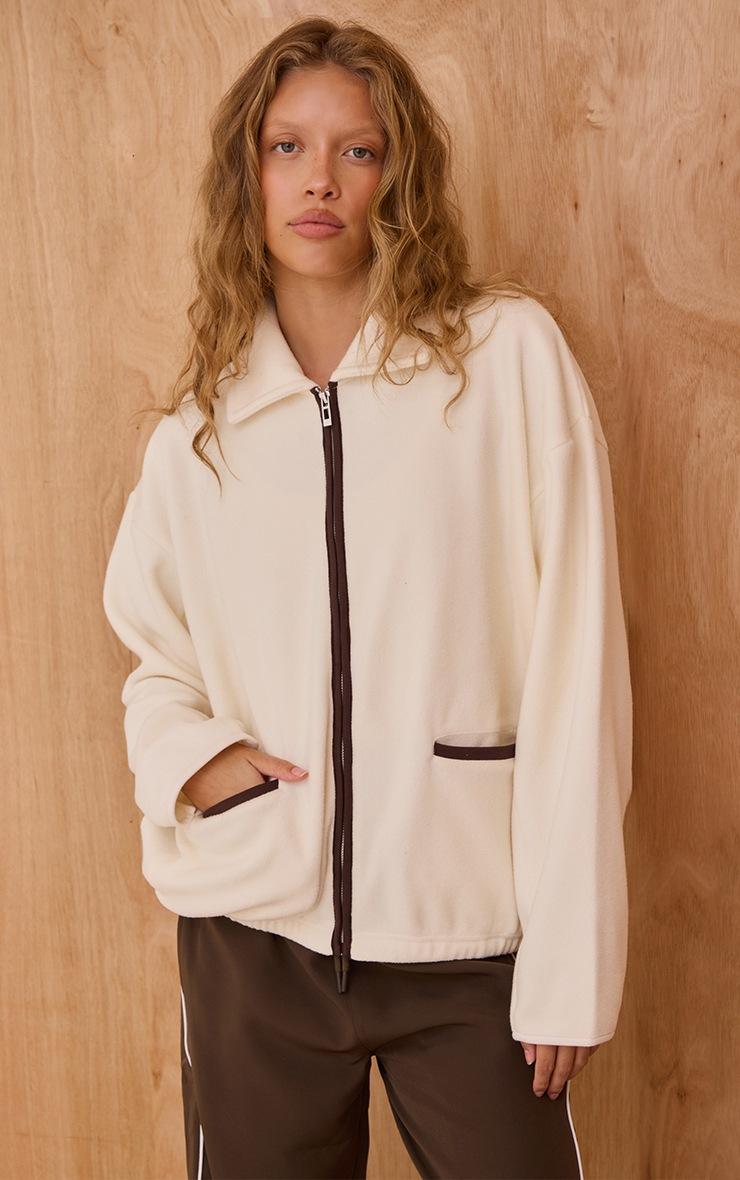 Pretty Little Thing Cream Contrast Binding Zip Up Fleece
