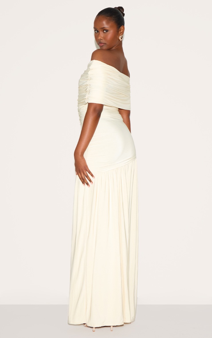 Pretty Little Thing Cream Double Layer Slinky Bardot One Shoulder Ruched Maxi Dress