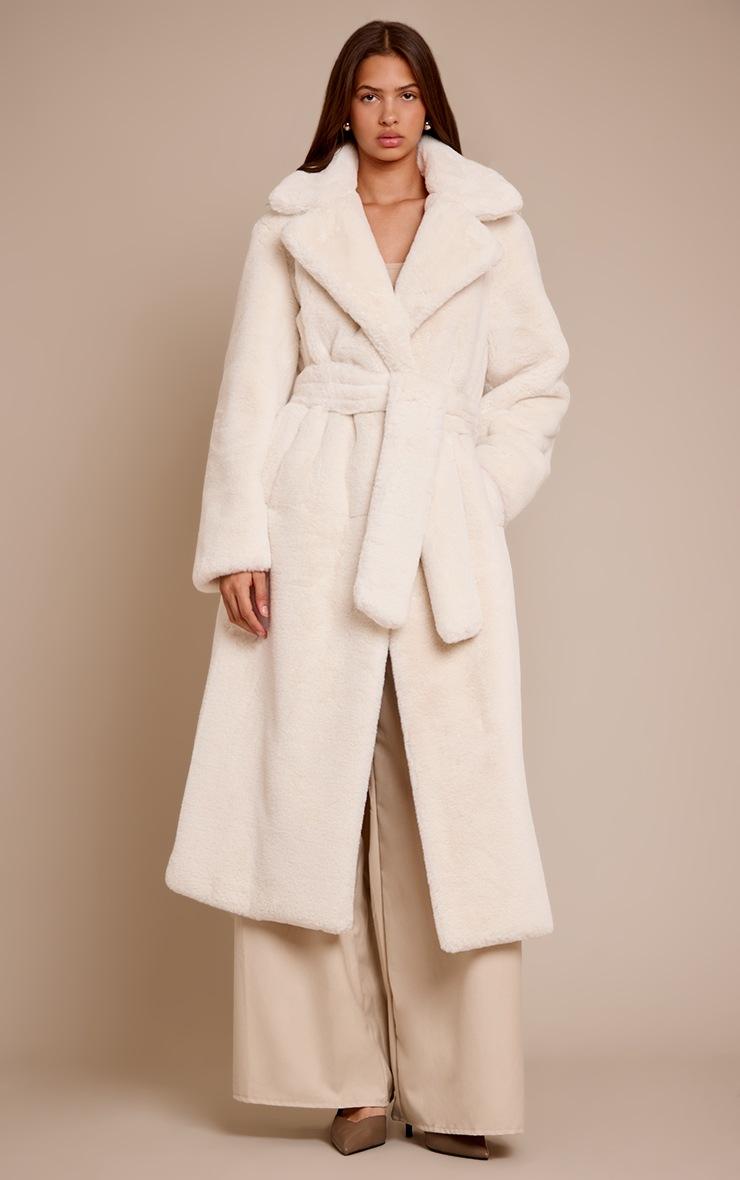 Pretty Little Thing Cream Faux Fur Tie Waist Maxi Coat