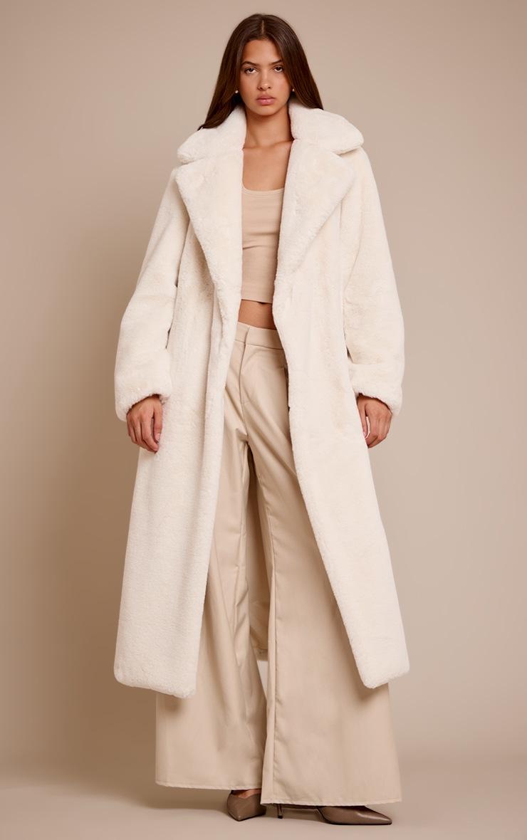 Pretty Little Thing Cream Faux Fur Tie Waist Maxi Coat