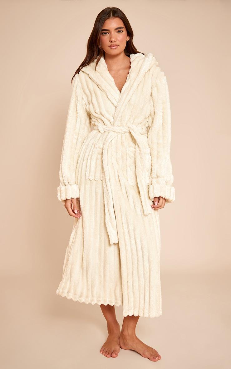 Pretty Little Thing Cream Fleece Piping Detail Hooded Bath Robe