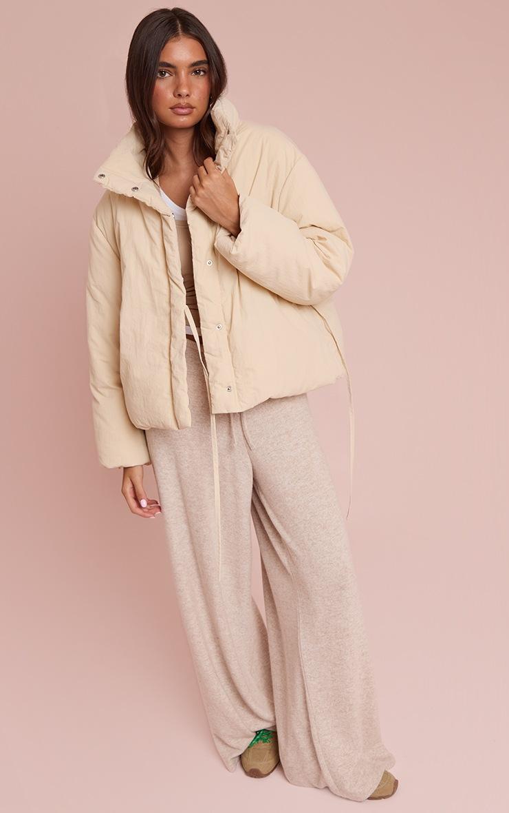 Pretty Little Thing Cream High Neck Tie Waist Quilted Puffer Jacket