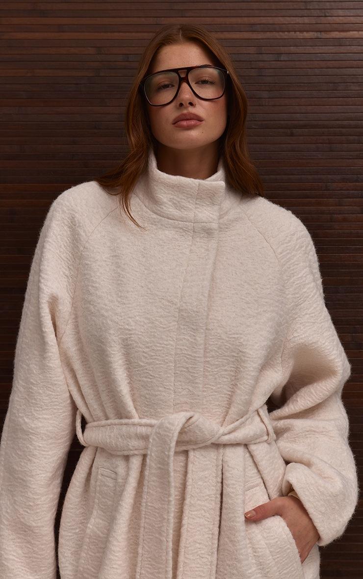 Pretty Little Thing Cream High Neck Tie Waist Wool Look Maxi Coat