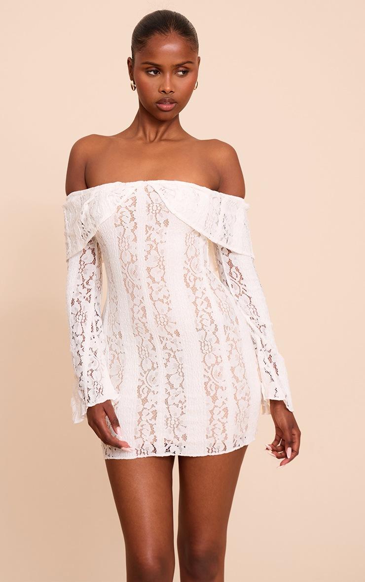 Pretty Little Thing Cream Lace Bardot Long Sleeve Mini Dress