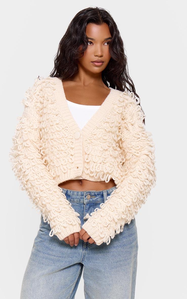 Pretty Little Thing Cream Loop Knit V Neck Button Up Cardigan