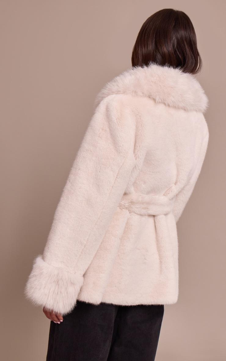 Pretty Little Thing Cream Plush Faux Fur Self Tie Coat