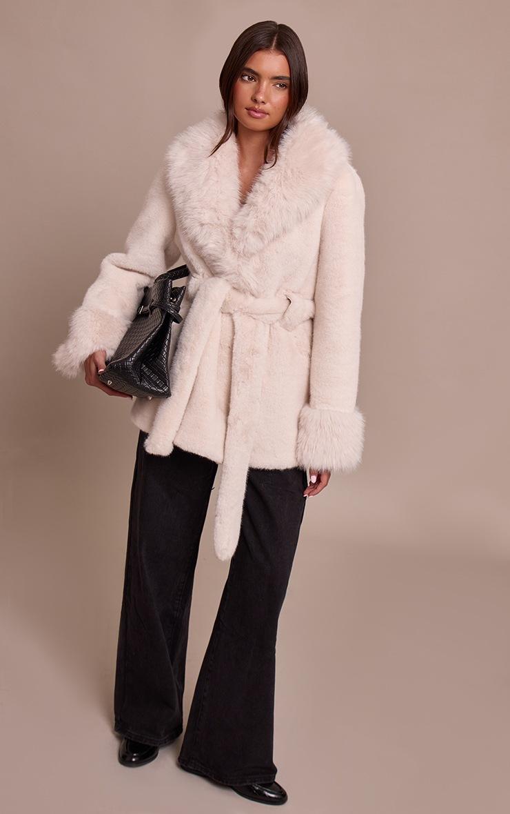 Pretty Little Thing Cream Plush Faux Fur Self Tie Coat