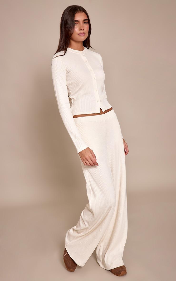 Pretty Little Thing Cream Rib Long Sleeve Button Up Fitted Cardigan