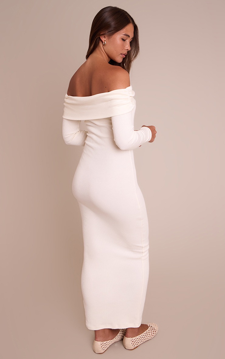 Pretty Little Thing Cream Ribbed Fold Over Bardot Long Sleeve Maxi Dress