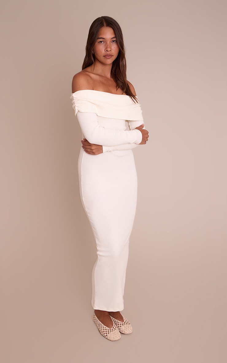 Pretty Little Thing Cream Ribbed Fold Over Bardot Long Sleeve Maxi Dress