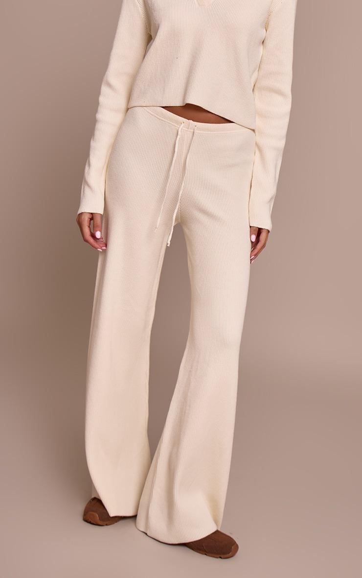 Pretty Little Thing Cream Ribbed Wide Leg Knit Pants
