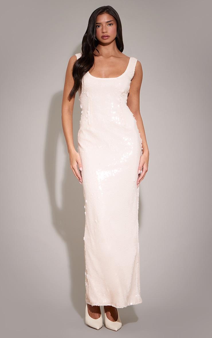 Pretty Little Thing Cream Sequin Scoop Neck Sleeveless Maxi Dress