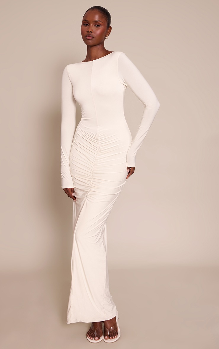 Pretty Little Thing Cream Slinky Ruched Low Back Maxi Dress