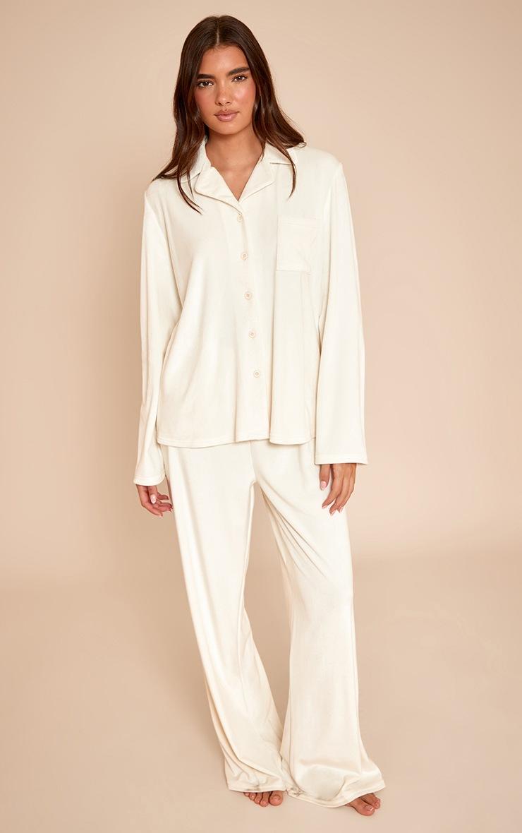 Pretty Little Thing Cream Soft Touch Piping Detail Pajama Set