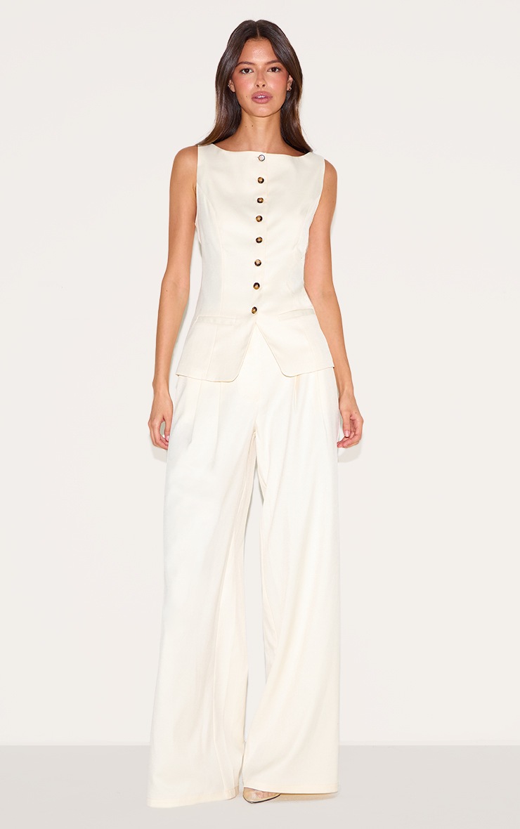 Pretty Little Thing Cream Tailored Woven Pleated Wide Leg Pants