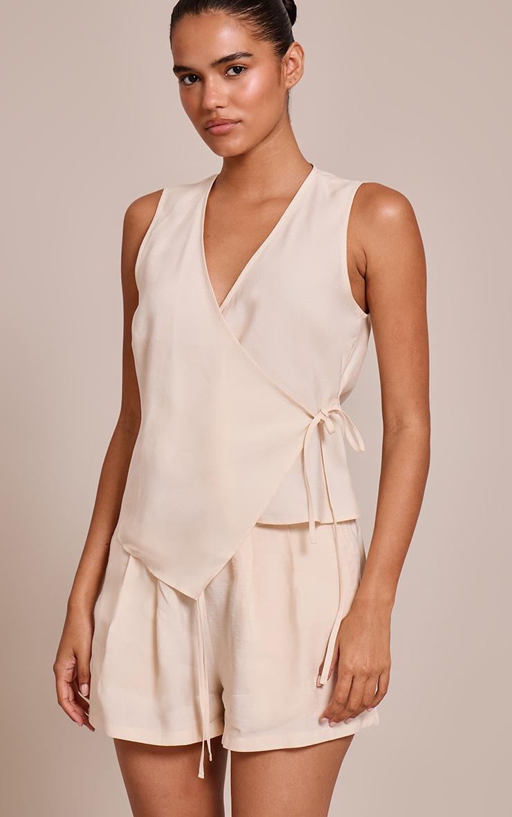 Pretty Little Thing Cream Woven Side Tie Plunge Top