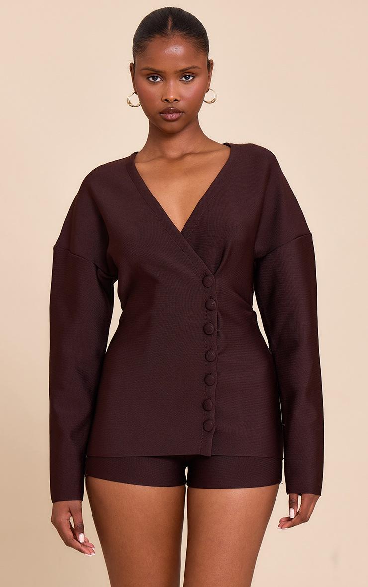 Pretty Little Thing Dark Brown Bandage Button Up Cardigan Romper