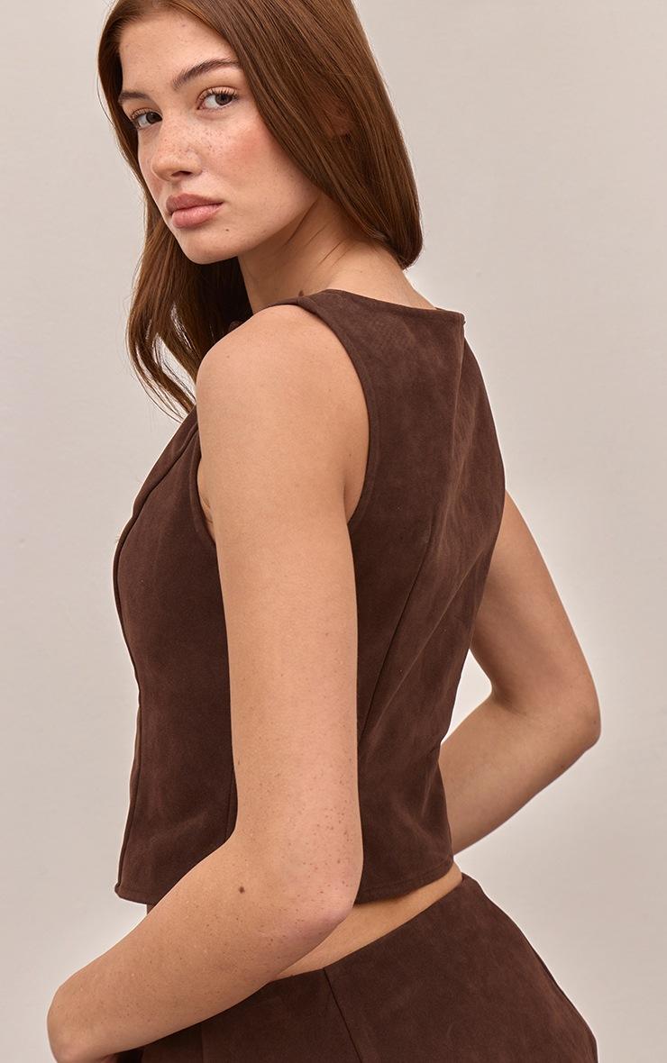Pretty Little Thing Dark Brown Faux Suede Button Through Vest
