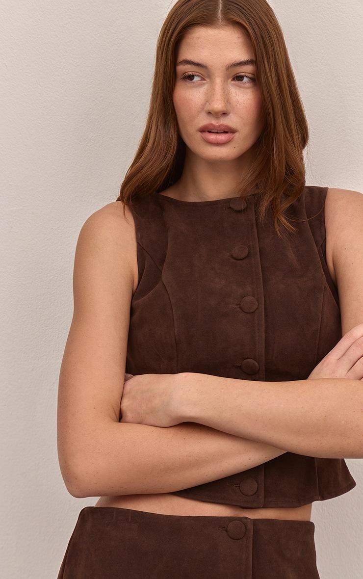 Pretty Little Thing Dark Brown Faux Suede Button Through Vest