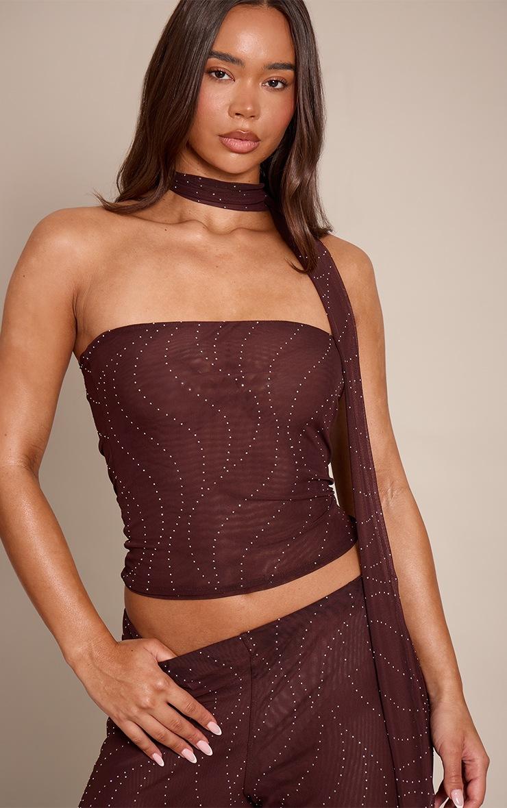 Pretty Little Thing Dark Brown Hot Fix Mesh Scarf Bandeau Top