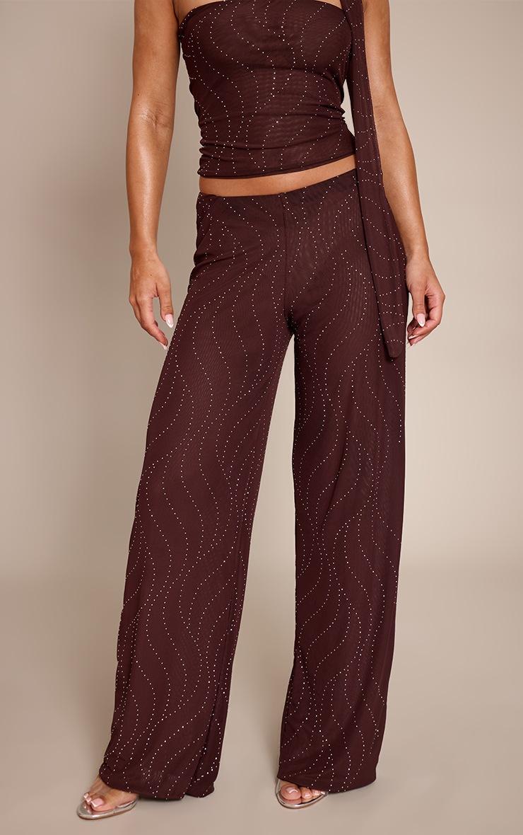 Pretty Little Thing Dark Brown Hot Fix Mesh Wide Leg Pants