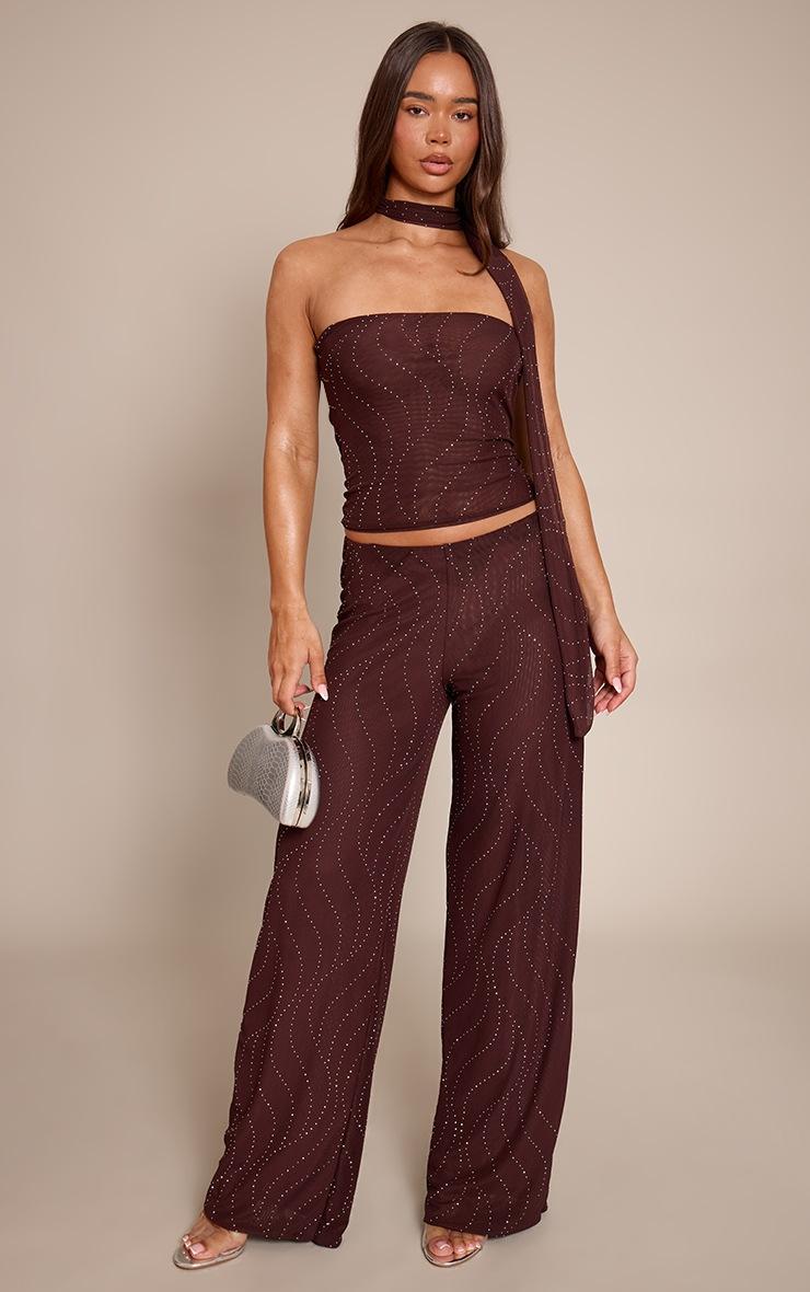 Pretty Little Thing Dark Brown Hot Fix Mesh Wide Leg Pants
