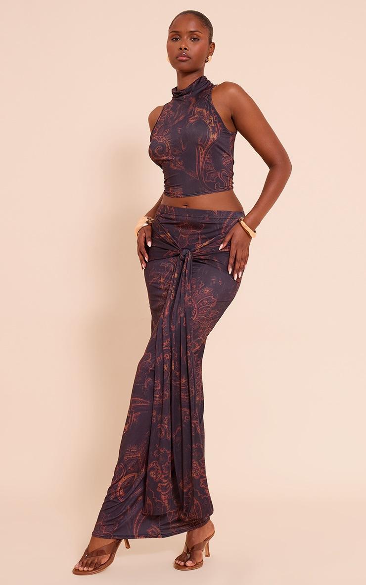 Pretty Little Thing Dark Brown Paisley Print Slinky Tie Detail Maxi Skirt
