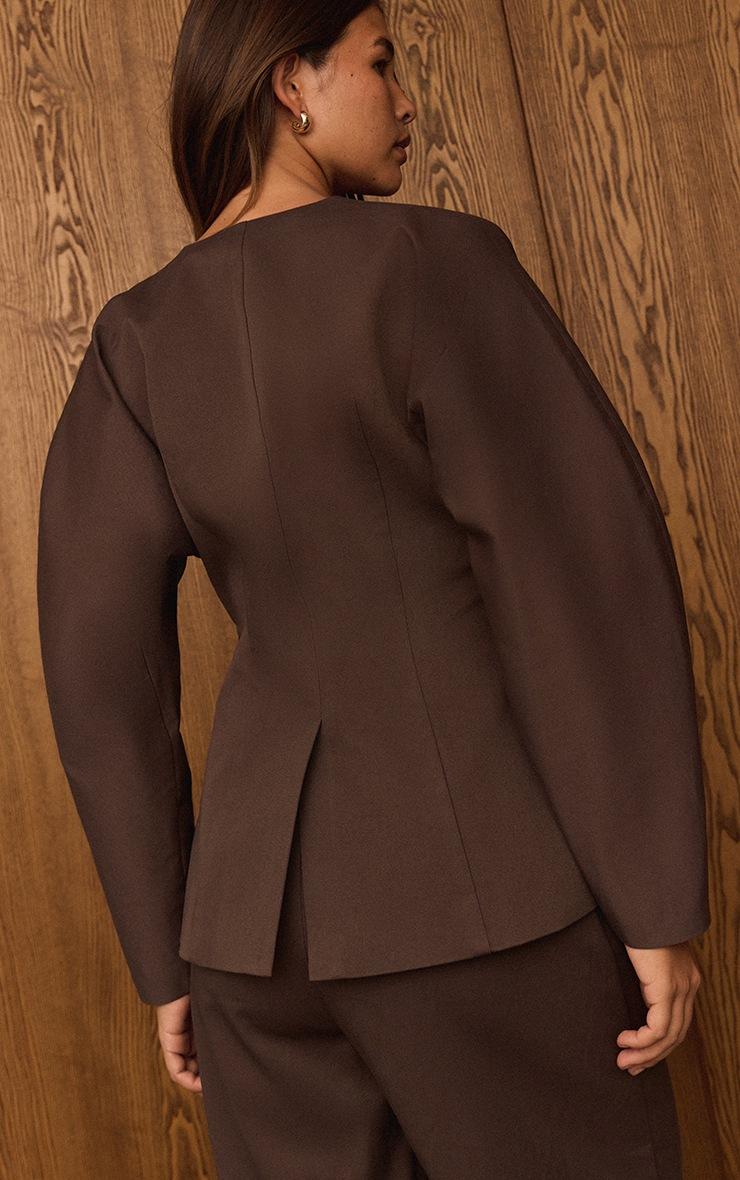 Pretty Little Thing Dark Brown Premium Woven Tailored Collarless Blazer
