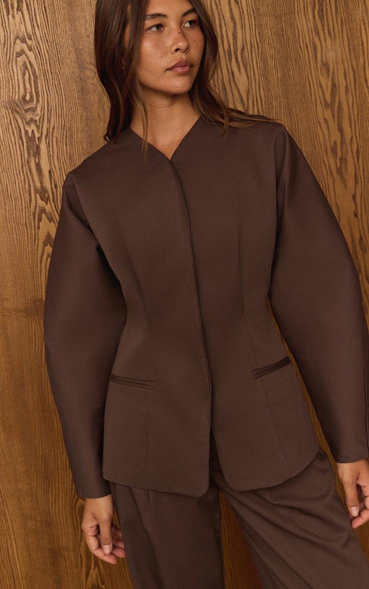 Pretty Little Thing Dark Brown Premium Woven Tailored Collarless Blazer