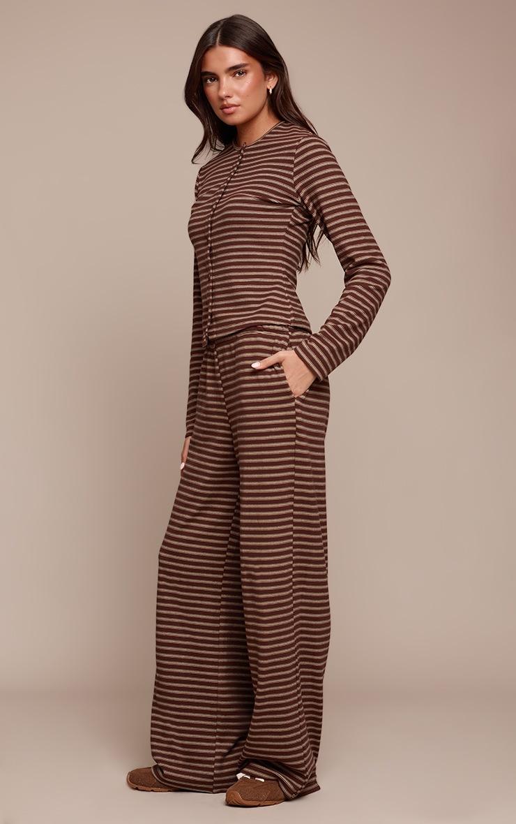 Pretty Little Thing Dark Brown Soft Fleece Striped Button Up Top