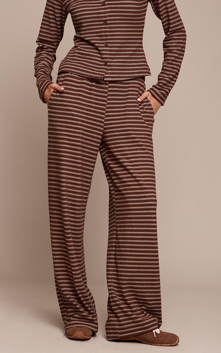 Pretty Little Thing Dark Brown Soft Fleece Striped Straight Leg Pants