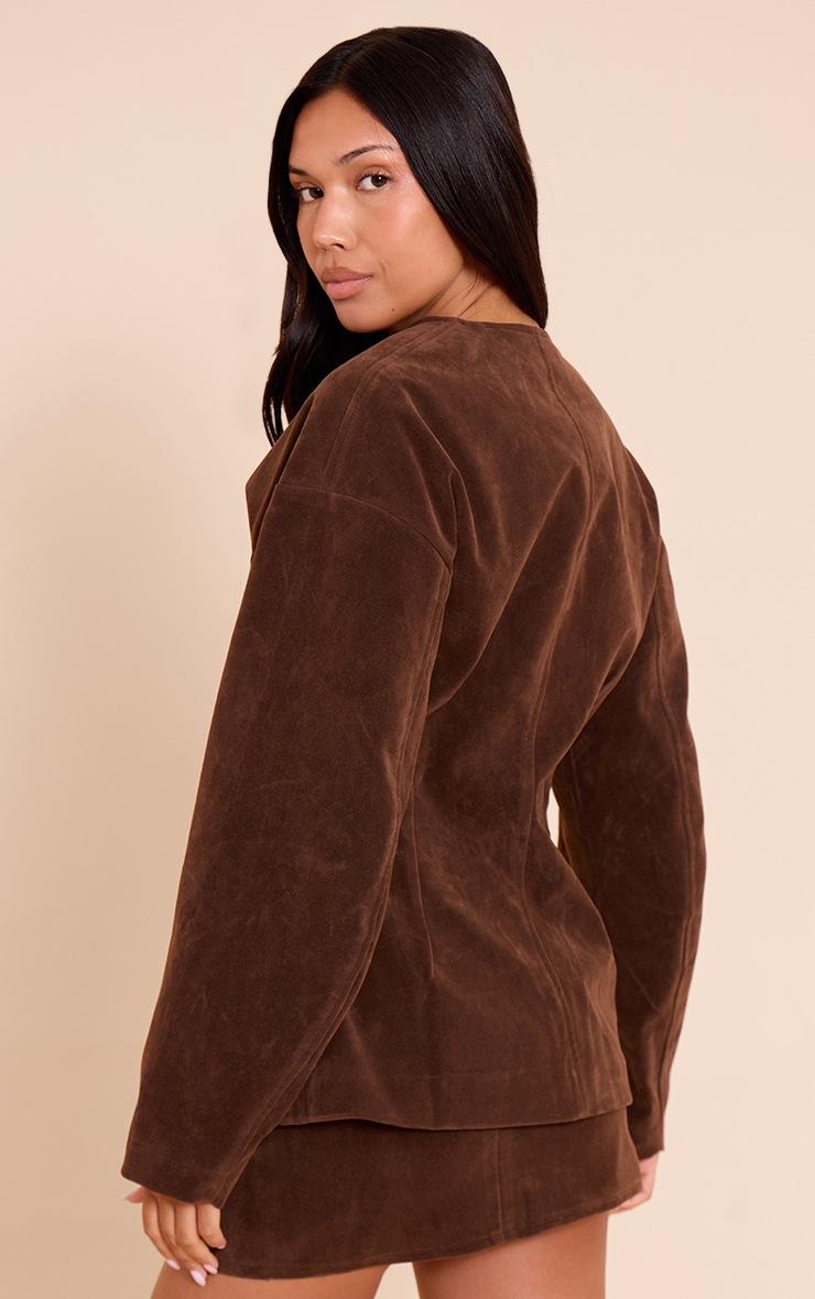 Pretty Little Thing Dark Brown Suede Collarless Cocoon Sleeve Blazer