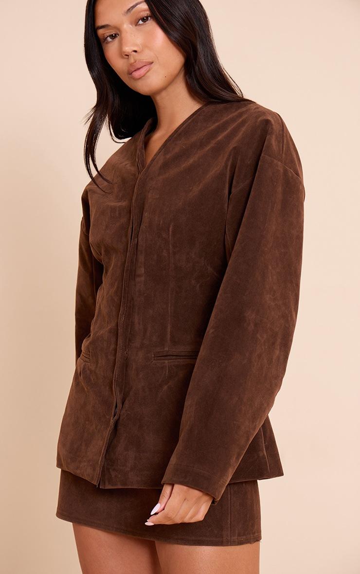 Pretty Little Thing Dark Brown Suede Collarless Cocoon Sleeve Blazer