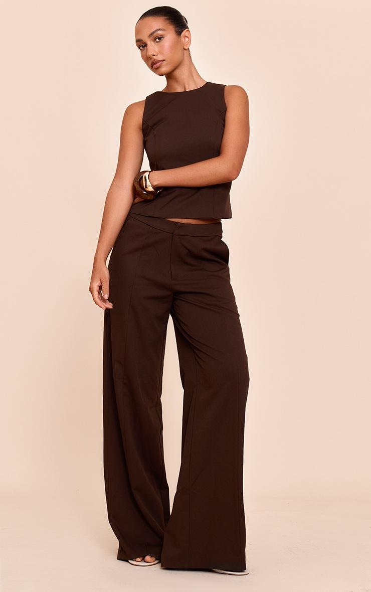 Pretty Little Thing Dark Brown Woven Pintuck Wide Leg Pants