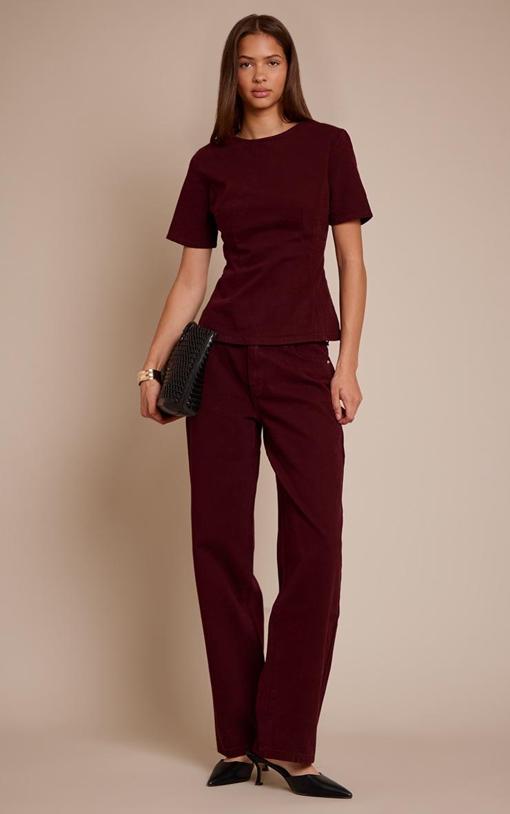 Pretty Little Thing Dark Burgundy Mid Rise Straight Leg Jeans