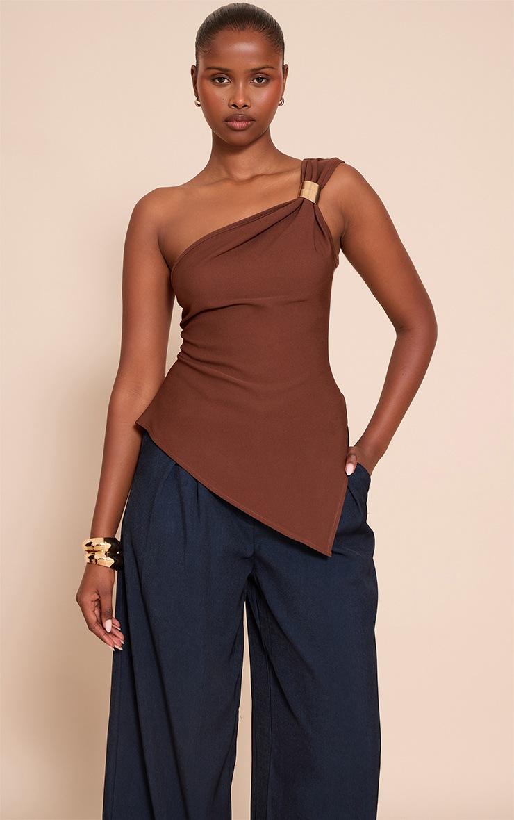 Pretty Little Thing Dark Chocolate Asymmetric One Shoulder Trim Detail Long Top