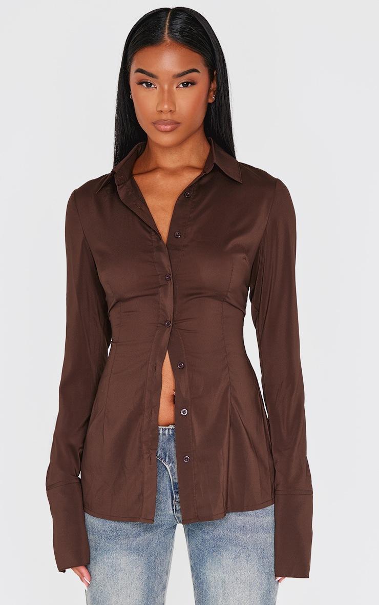 Pretty Little Thing Dark Chocolate Chiffon Fitted Shirt