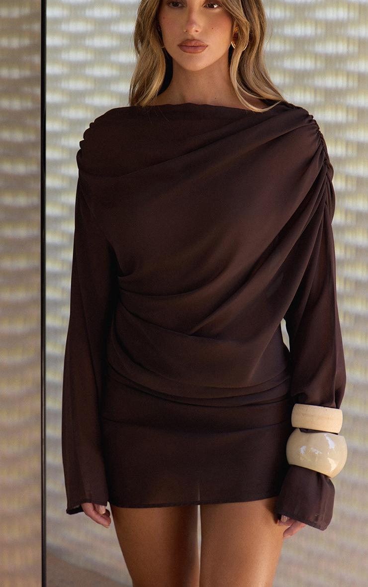 Pretty Little Thing Dark Chocolate Chiffon Sheer Drape Bodycon Dress