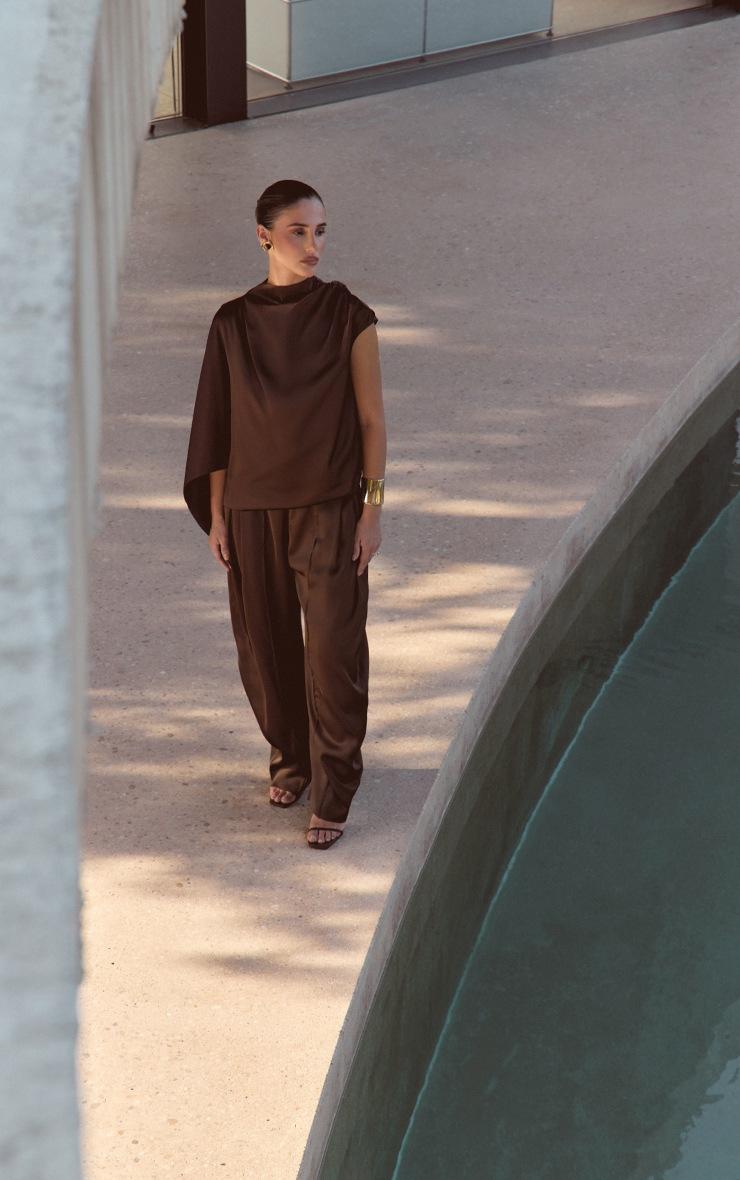 Pretty Little Thing Dark Chocolate Satin One Sleeve Draped Top