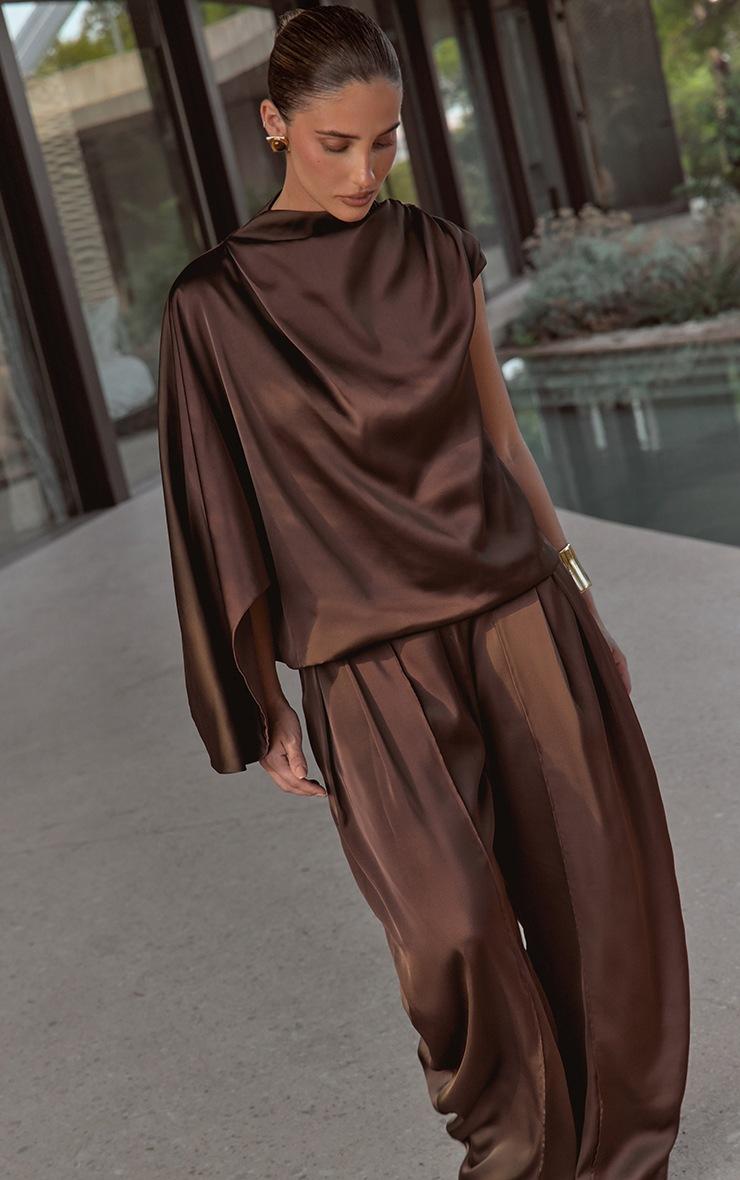 Pretty Little Thing Dark Chocolate Satin One Sleeve Draped Top