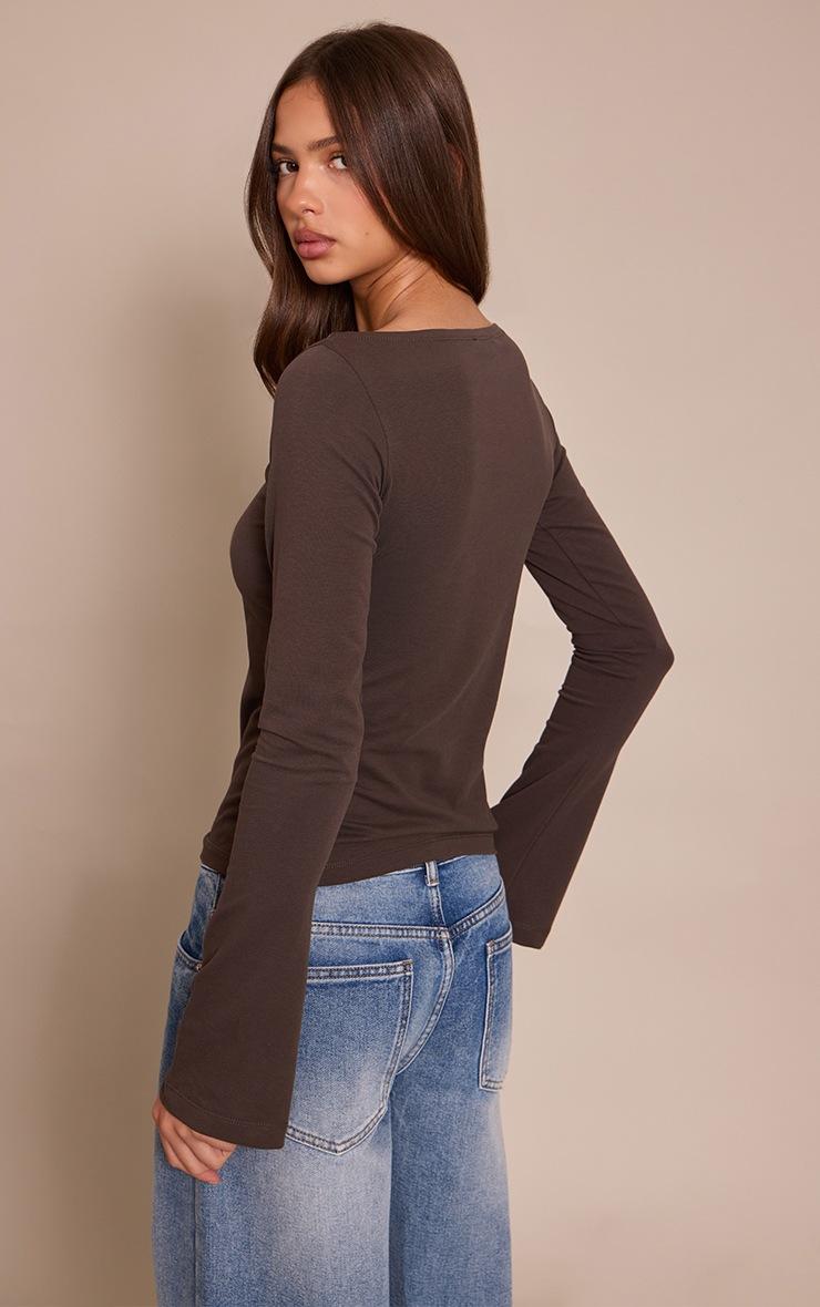 Pretty Little Thing Dark Chocolate Soft Cotton Boat Neck Flared Long Sleeve Top