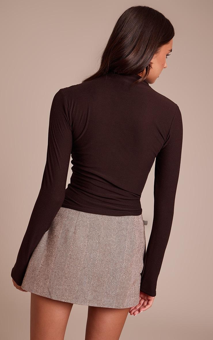 Pretty Little Thing Dark Chocolate Soft Touch High Neck Ruched Detail Long Sleeve Top