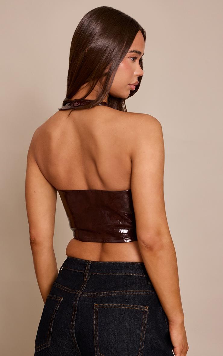 Pretty Little Thing Dark Chocolate Washed Faux Leather Lace Up Plunge Halterneck Top