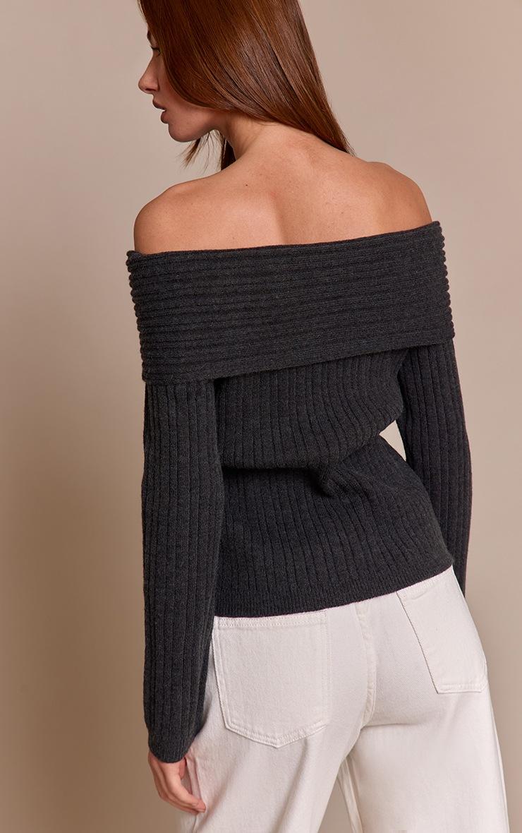Pretty Little Thing Dark Grey Button Detail Ribbed Knit Bardot Sweater