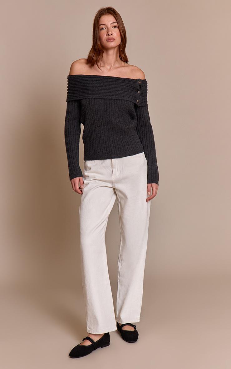 Pretty Little Thing Dark Grey Button Detail Ribbed Knit Bardot Sweater