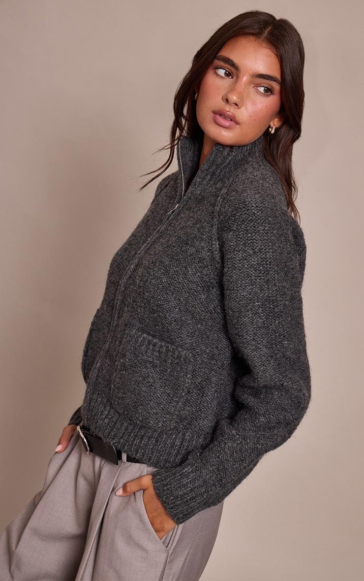 Pretty Little Thing Dark Grey Zip Up Pocket Detail Knitted Cardigan