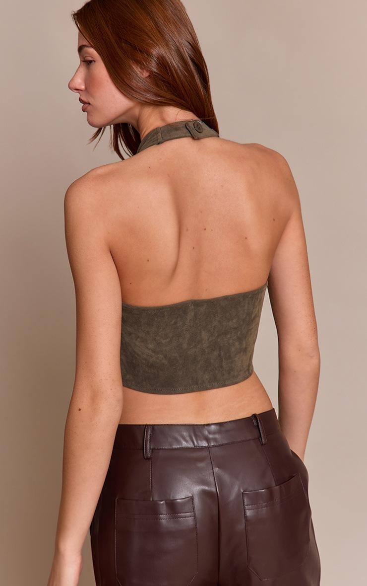 Pretty Little Thing Dark Khaki Faux Suede Lace Up Plunge Halterneck Top